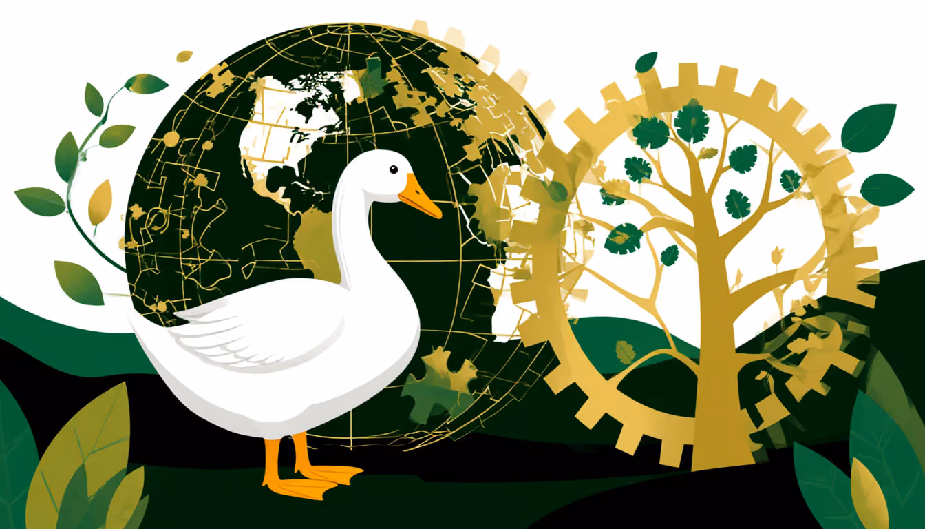 Illustration: the GusApp goose in front of a globe and a gear-shaped tree.