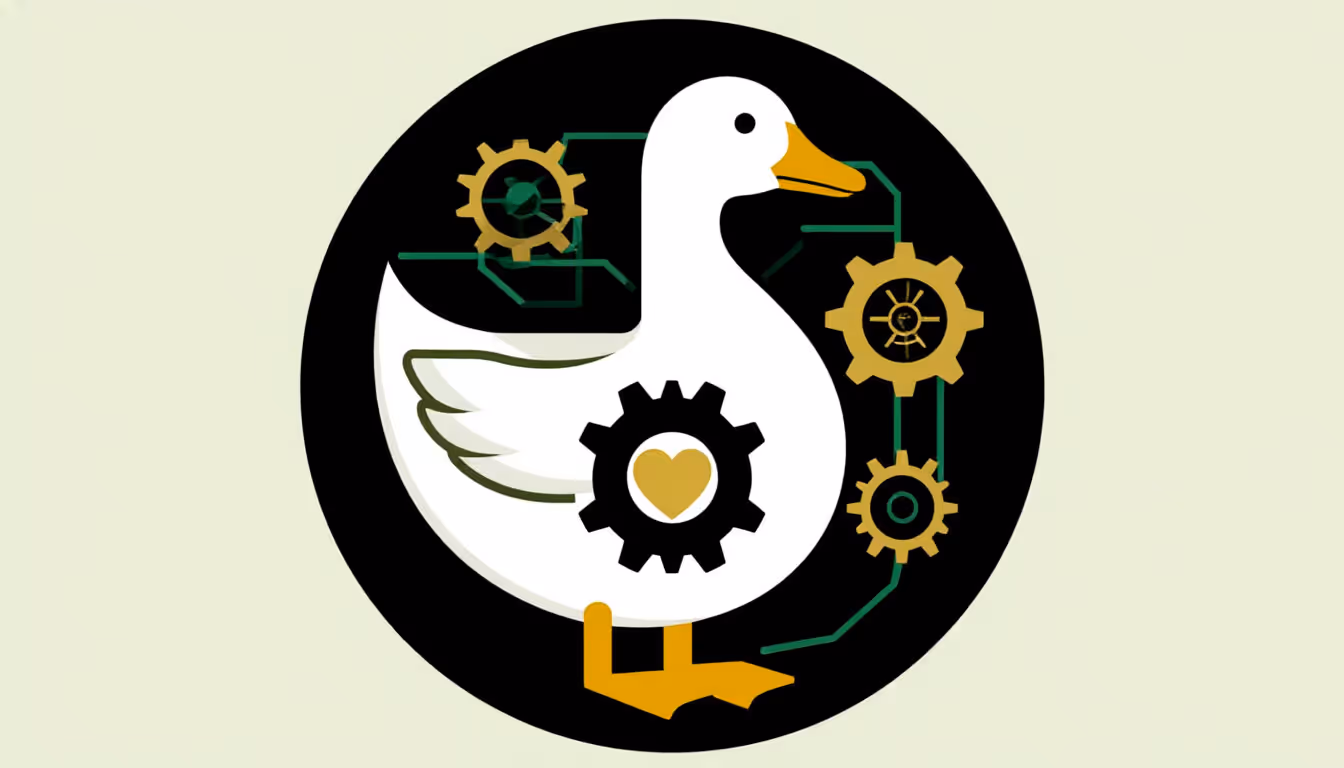 Illustration: the GusApp goose inside a ring of interlocking gears.