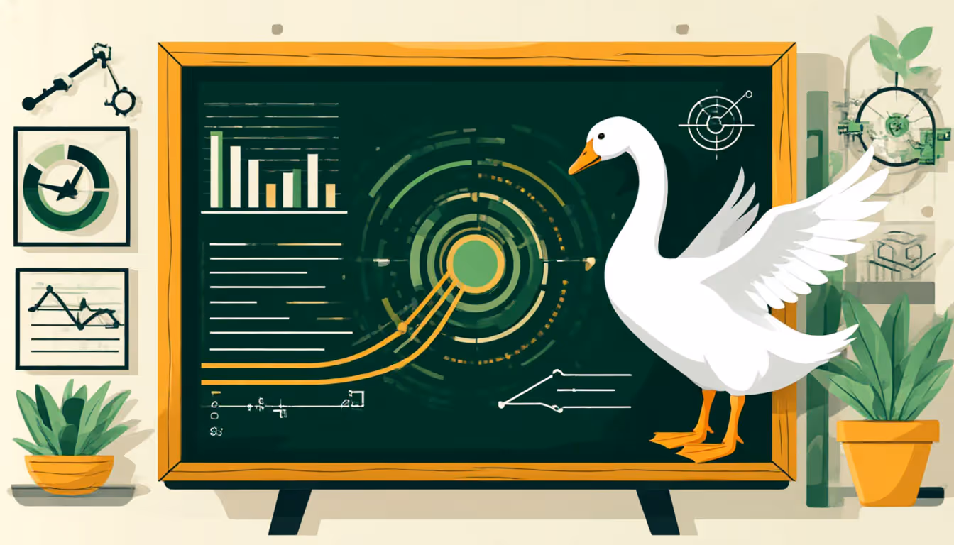 Illustration: the GusApp goose at a chalkboard covered in charts and a campaign plan.